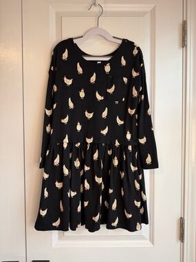 Tea Collection Girls Chicken Print Long Sleeve Pocket Cotton Dress Black Size 7